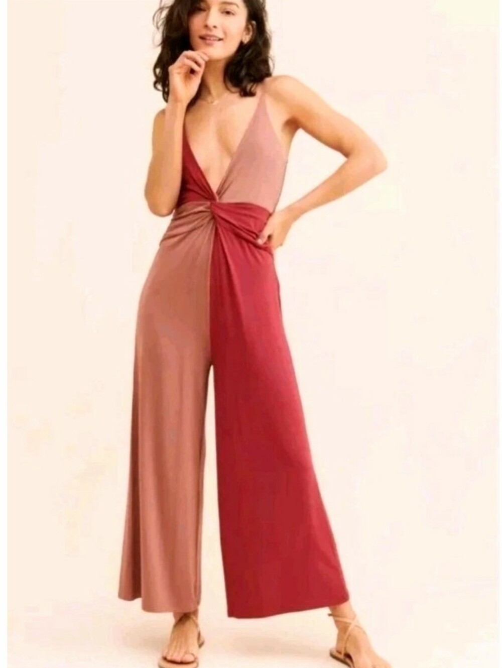 Anthropologie Two-Tone Twist-Front Jumpsuit Dusty Rose & Burgundy